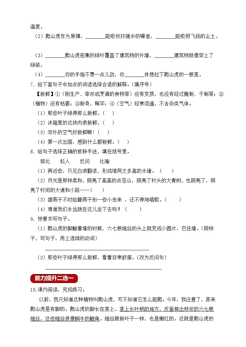 【新课标】部编版四年级语文上册分层作业设计-10.爬山虎的脚（含答案）第2页