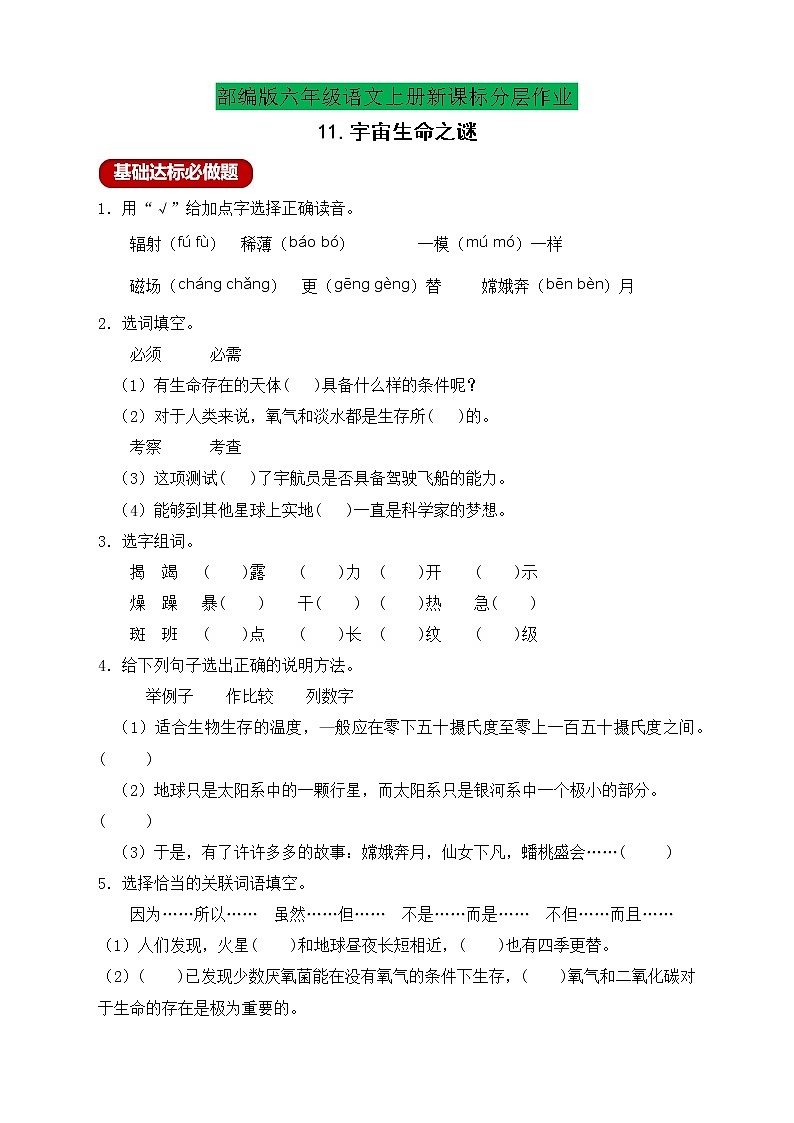【新课标】部编版六年级语文上册分层作业设计-11.宇宙生命之谜（含答案）第1页