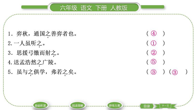 人教版六年级语文下第五单元14文言文二则习题课件第5页