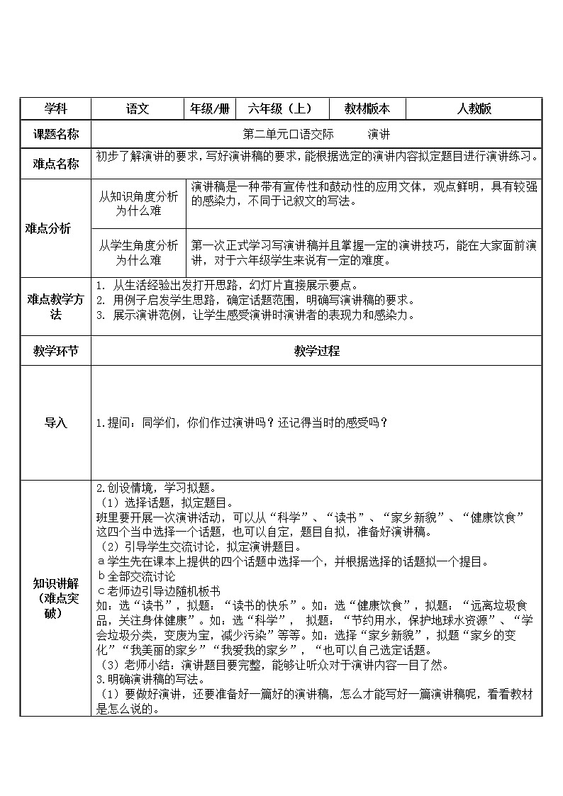 六年级上册语文人教部编版口语交际：演讲   教案第1页