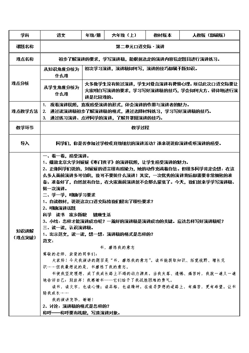 六年级上册语文人教部编版口语交际：演讲   教案01