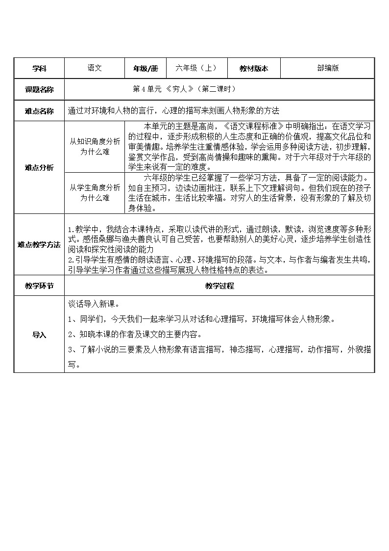 六年级上册语文人教部编版 14.穷人  教案第1页