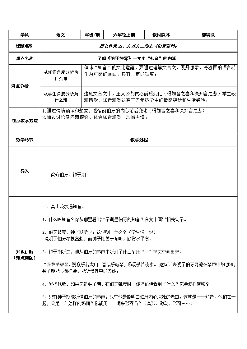 六年级上册语文人教部编版22.文言文二则《伯牙鼓琴》   教案第1页