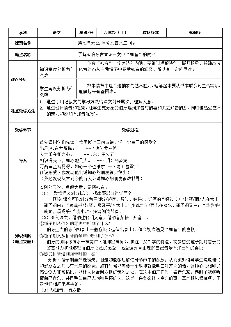 六年级上册语文人教部编版22.文言文二则《伯牙鼓琴》   教案第1页