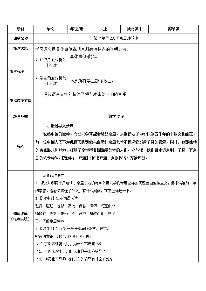 六年级上册语文人教部编版24.京剧趣谈  教案01