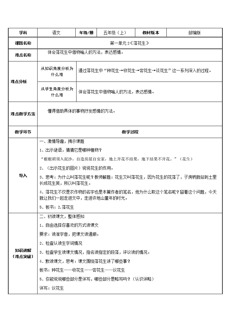 五年级上册语文人教部编版 2.落花生  教案01