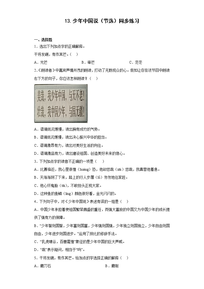 13.少年中国说（节选）同步练习2022-2023学年五年级语文上册01