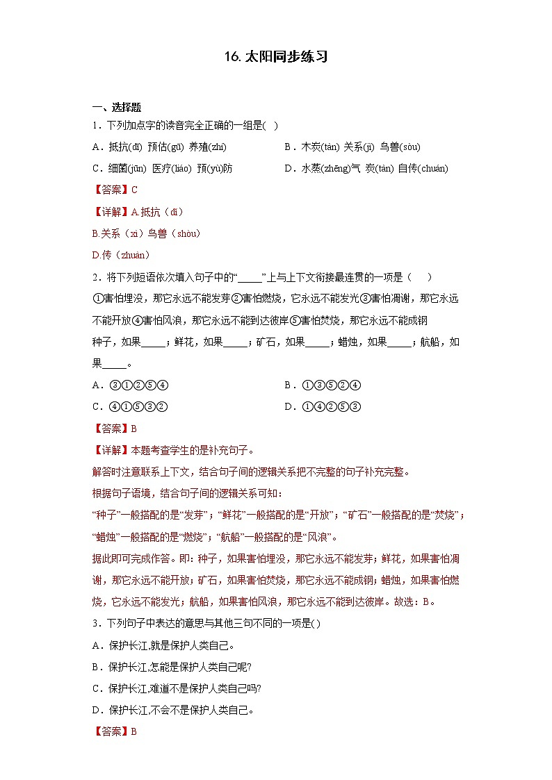 16.太阳同步练习2022-2023学年五年级语文上册01