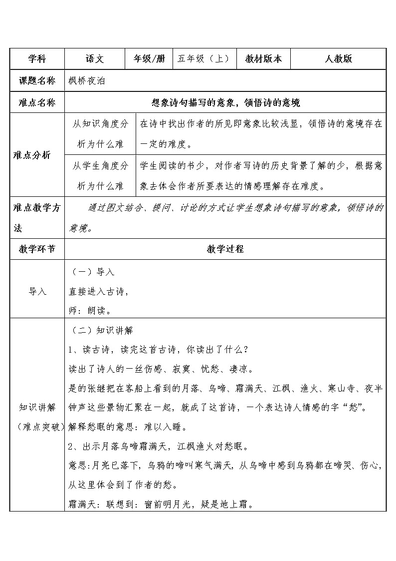 五年级上册语文人教部编版 21.古诗词三首《枫桥夜泊》   教案01