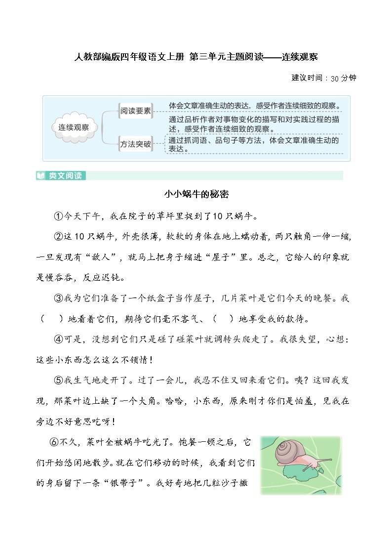 人教部编版四年级语文上册 第三单元主题阅读——连续观察（含答案及详细解析）01