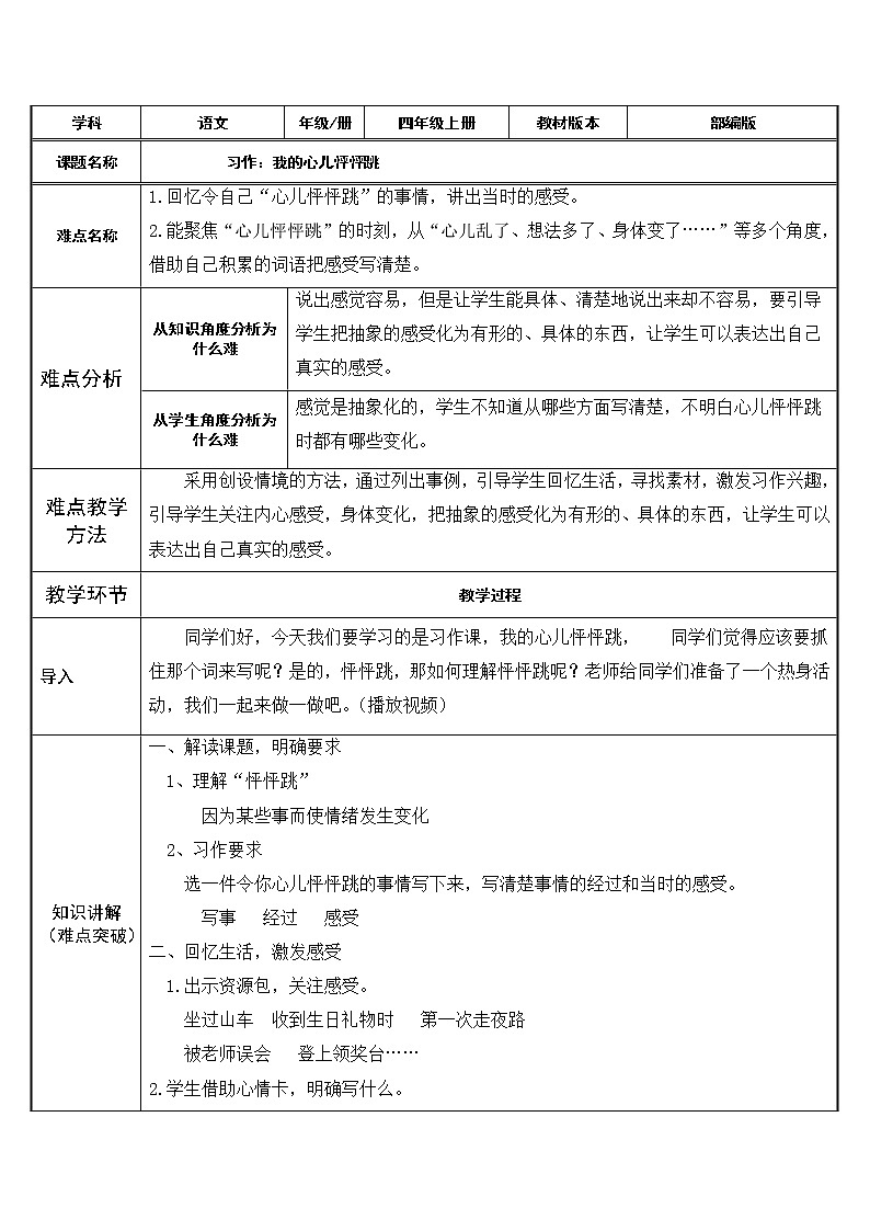 四年级上册语文人教部编版  习作：我的心儿怦怦跳  教案第1页