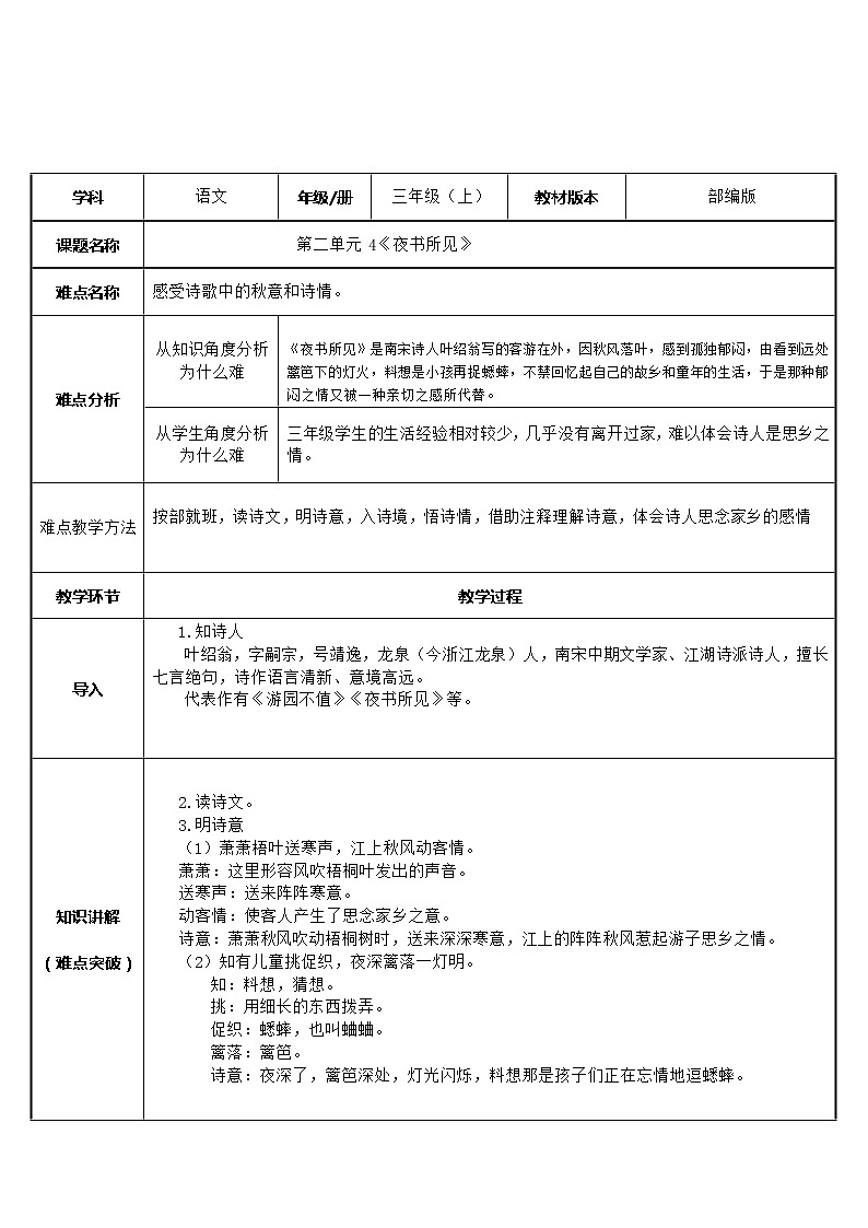 三年级上册语文人教部编版  4.古诗三首《夜书所见》 教案第1页