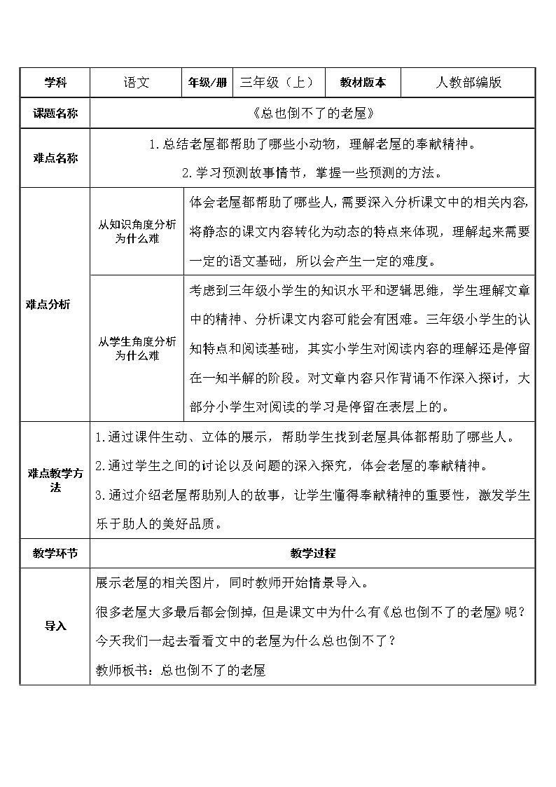 三年级上册语文人教部编版  12.总也倒不了的老屋  教案第1页