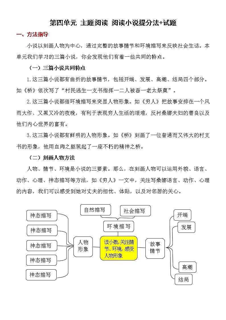第四单元 【主题阅读】 阅读小说提分法+试题 部编版语文 六年级上册01