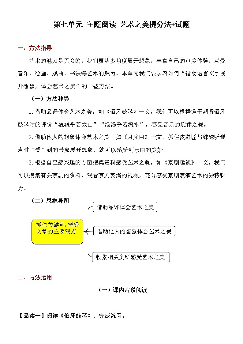 第七单元 【主题阅读】 艺术之美 提分法+试题 部编版语文 六年级上册01