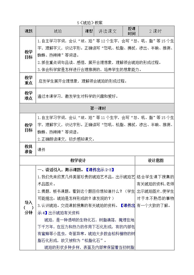 统编版4下语文 5《琥珀》教案第1页