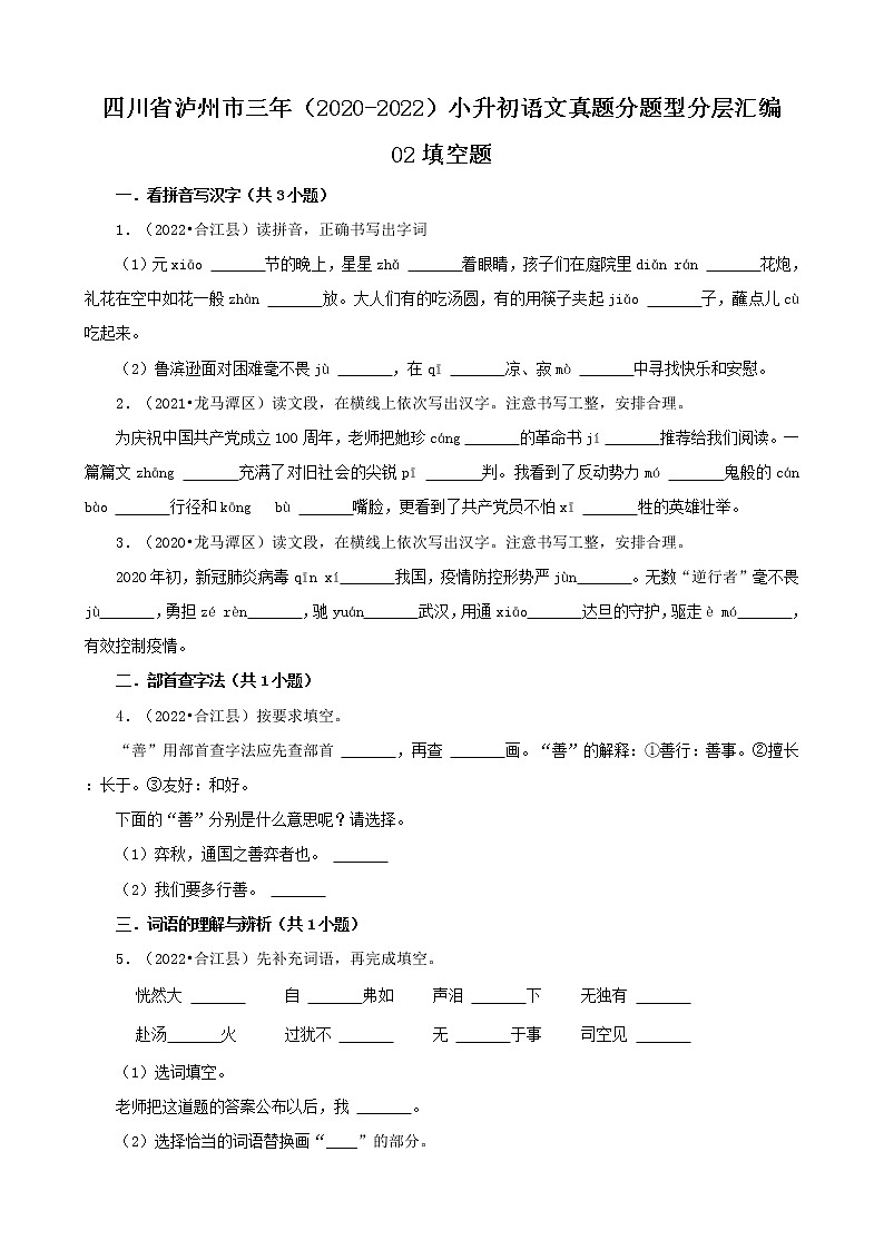 四川省泸州市三年（2020-2022）小升初语文真题分题型分层汇编-02填空题第1页