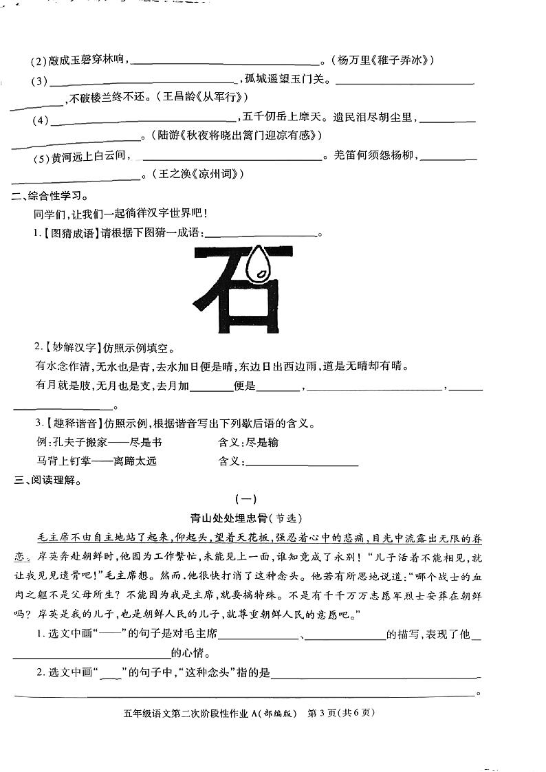 陕西省咸阳市渭城区正阳镇马家堡小学2021-2022学年五年级下学期期中语文试题第3页