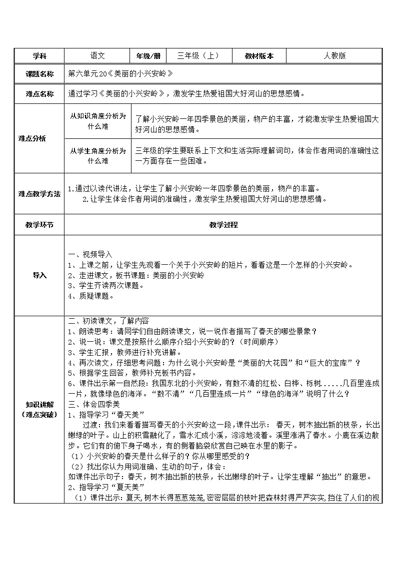 三年级上册语文人教部编版  20.美丽的小兴安岭  教案第1页