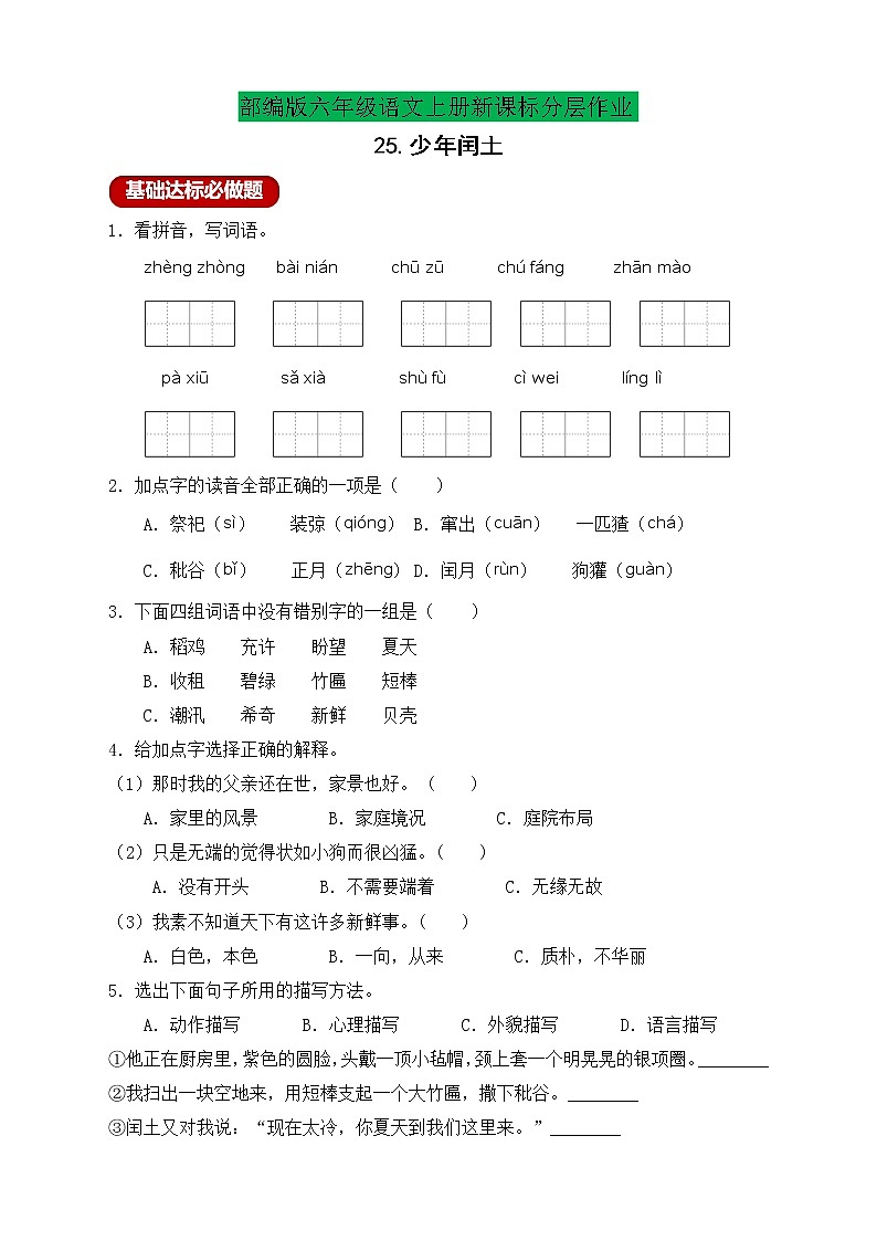 【新课标】统编版六年级语文上册分层作业设计-25.少年闰土（含答案）01