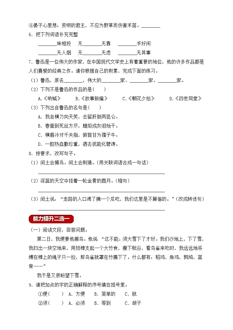 【新课标】统编版六年级语文上册分层作业设计-25.少年闰土（含答案）02