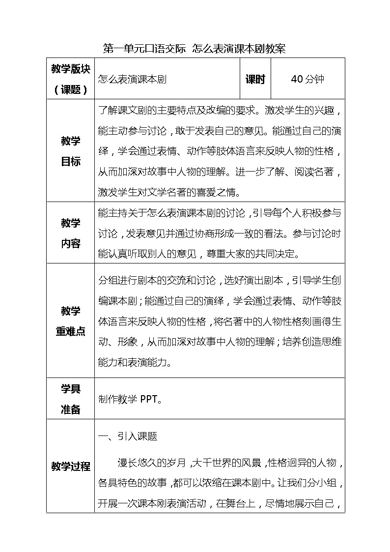 第二单元口语交际 怎么表演课本剧教案第1页