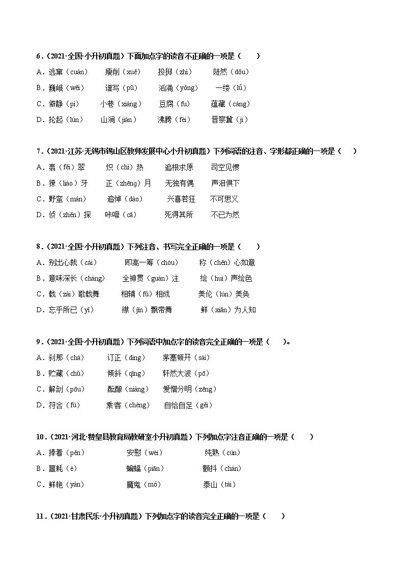 2020-2021年全国小升初语文真题汇编专题02字音（原卷+解析卷）02