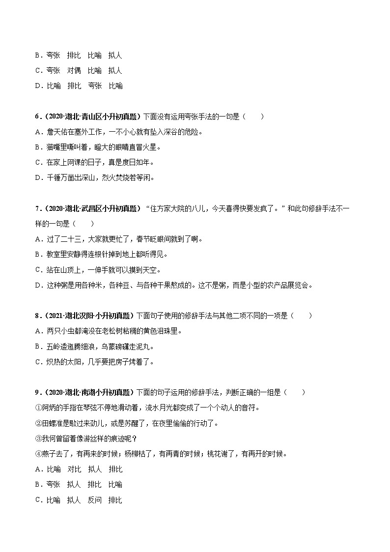 2020-2021年全国小升初语文真题汇编专题14修辞手法（原卷+解析卷）02