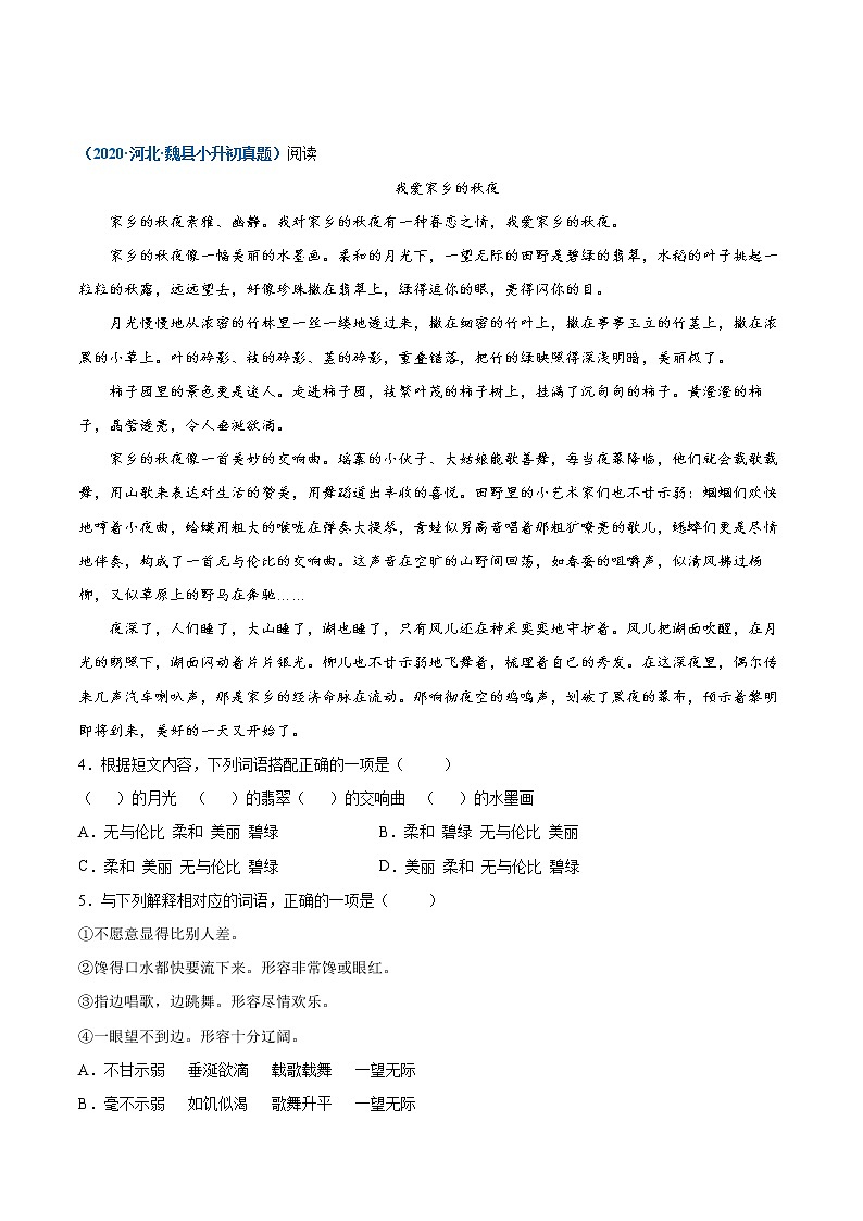 2020-2021年全国小升初语文真题汇编专题22记叙文阅读——写景文（原卷版）第2页
