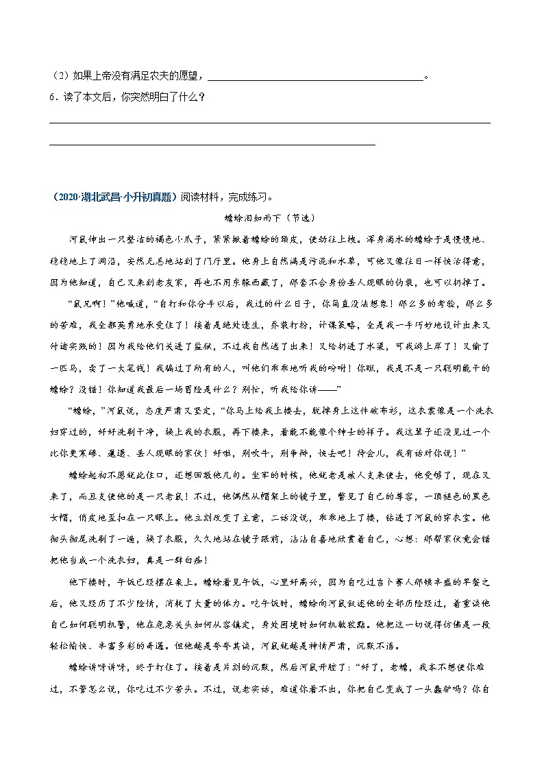 2020-2021年全国小升初语文真题汇编专题24记叙文阅读—童话寓言（原卷+解析卷）02