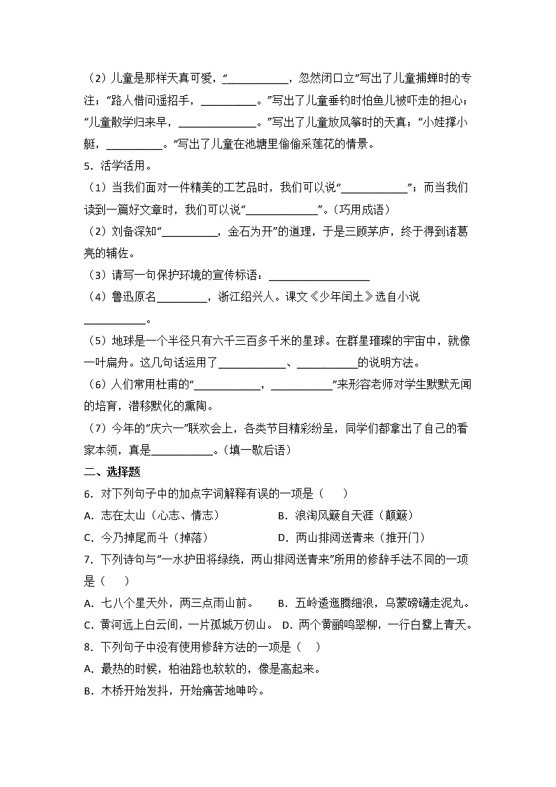 2022年部编版小升初语文专项突破 03 阅读鉴赏（含答案） 练习02