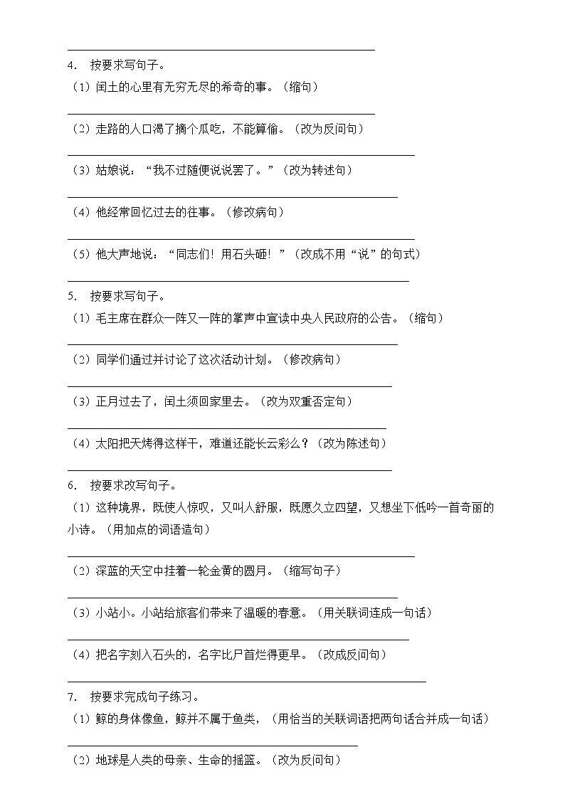 部编版语文六下 小升初语文易错知识点专项集训A卷 句子改写（试题+答案）第2页