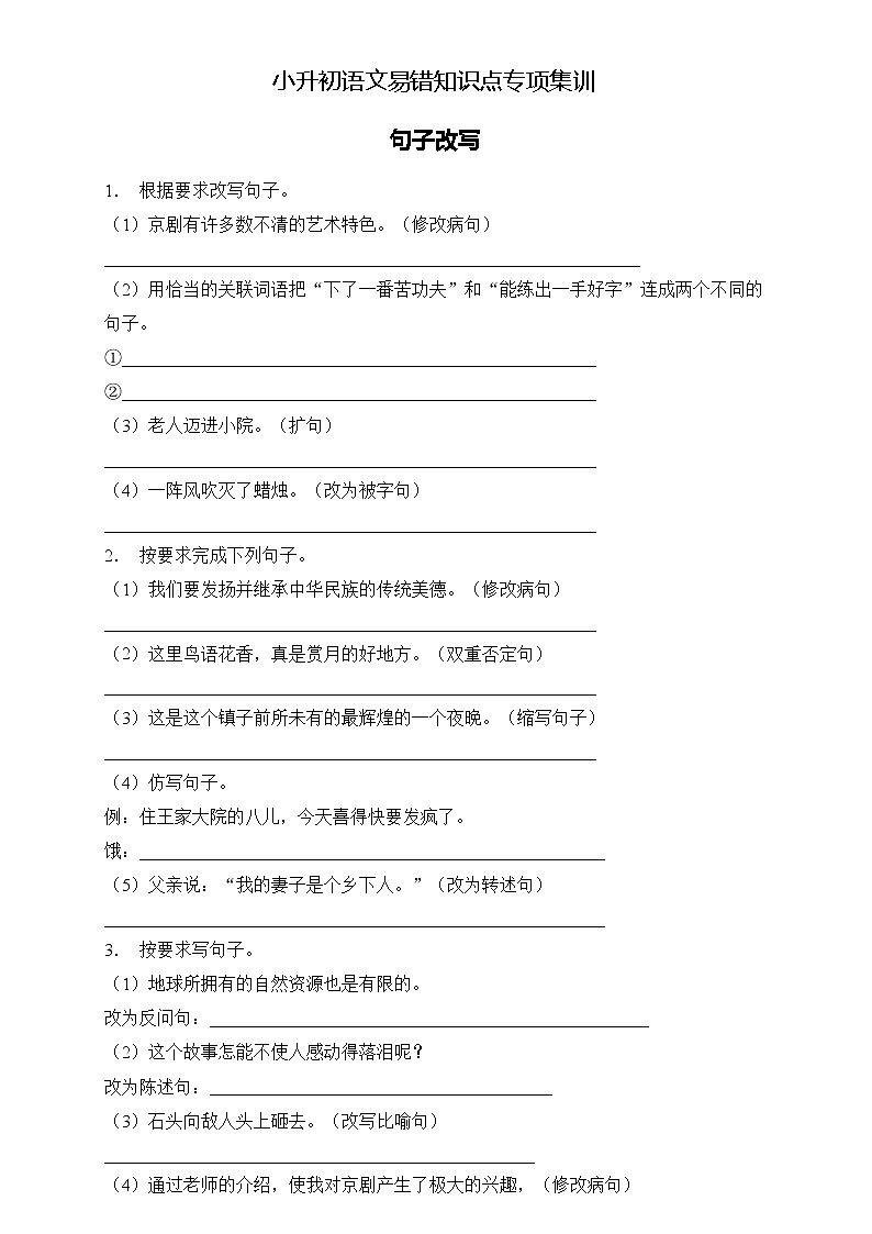 部编版语文六下 小升初语文易错知识点专项集训B卷 句子改写（试题+答案）01