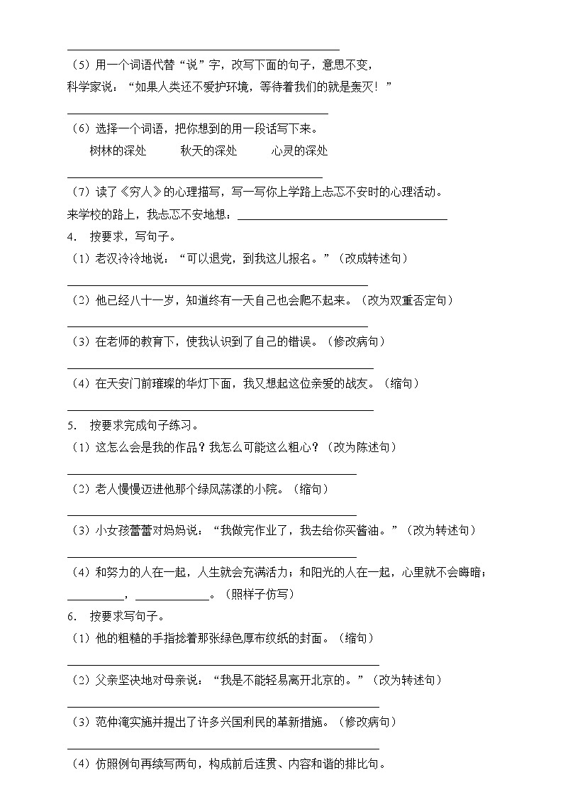 部编版语文六下 小升初语文易错知识点专项集训B卷 句子改写（试题+答案）02