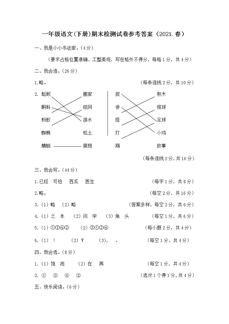 一年级语文(下册)期末检测试卷参考答案（2021.春）第1页