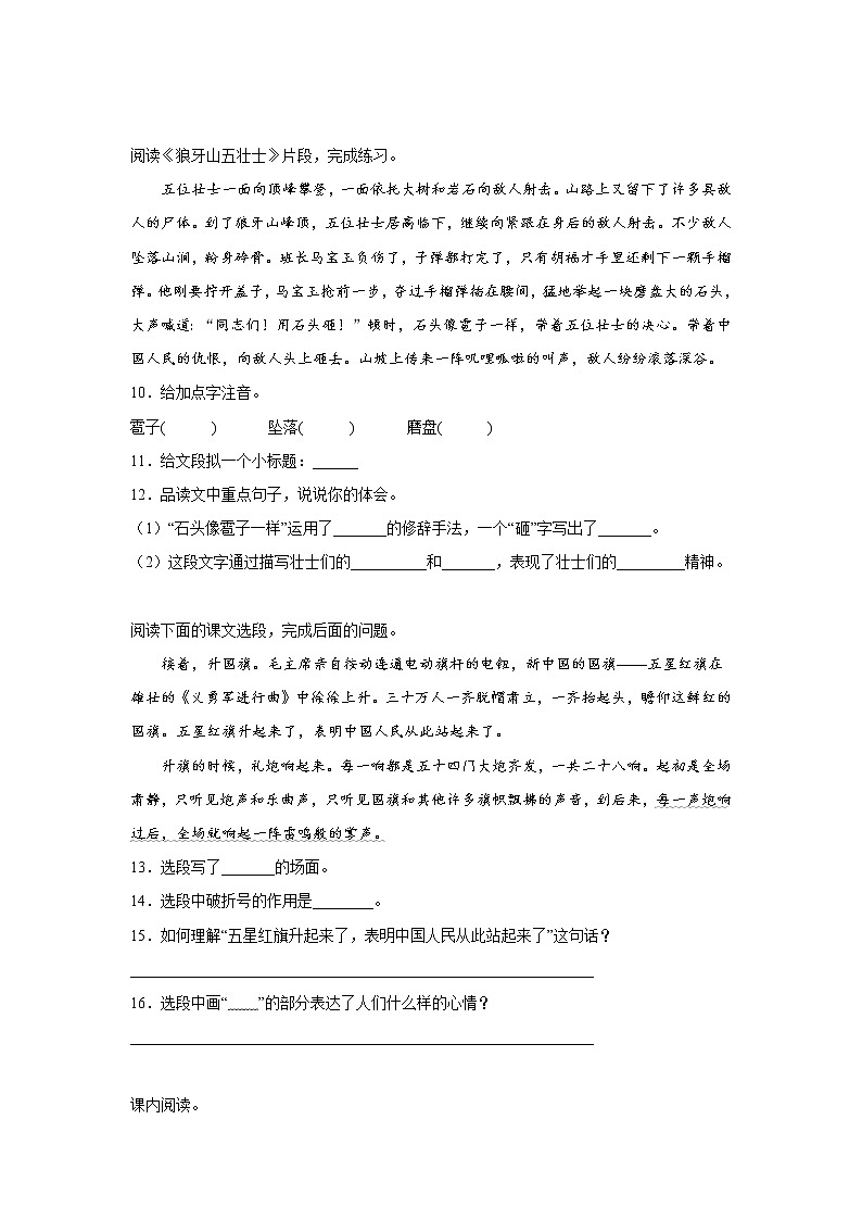 部编版语文六年级上册期末课内阅读检测卷（一）（试题）第3页