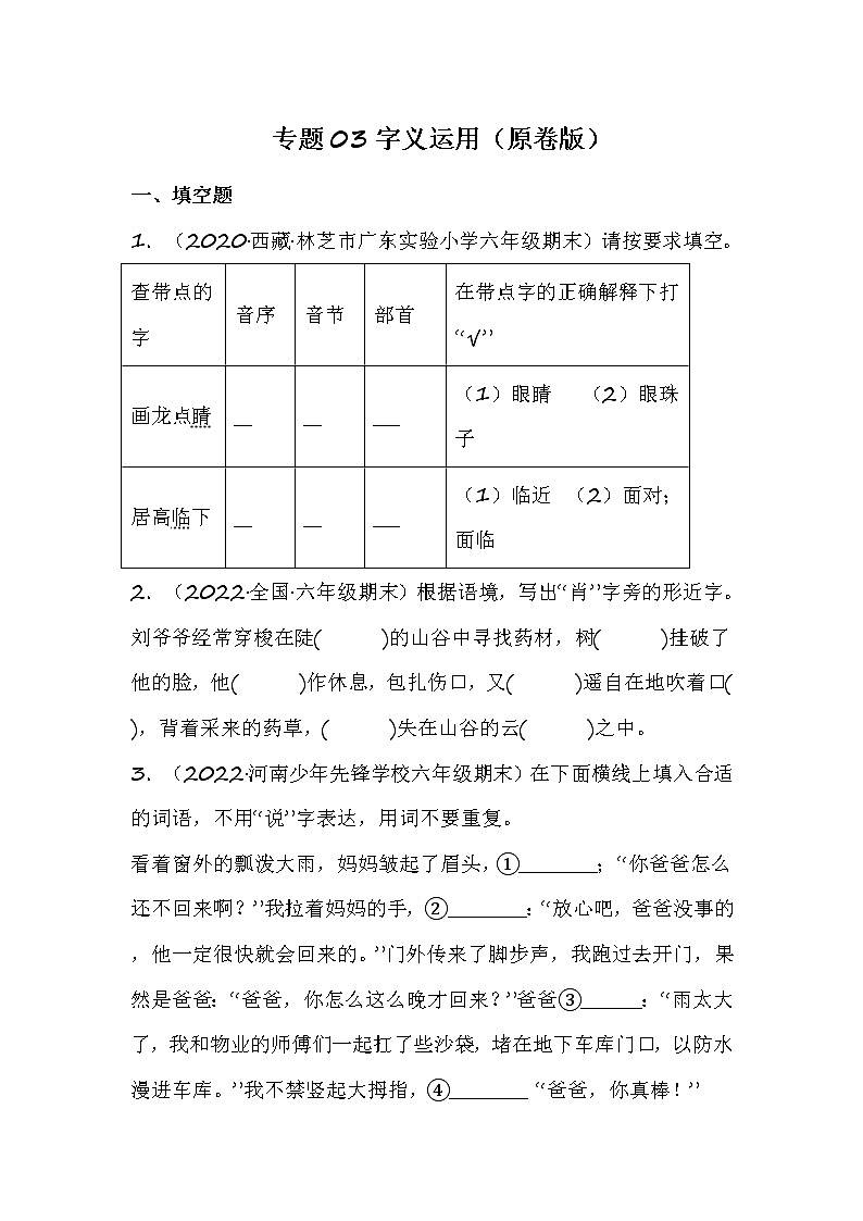 部编版语文六年级上册期末专题复习03字义运用（试卷+答案）01