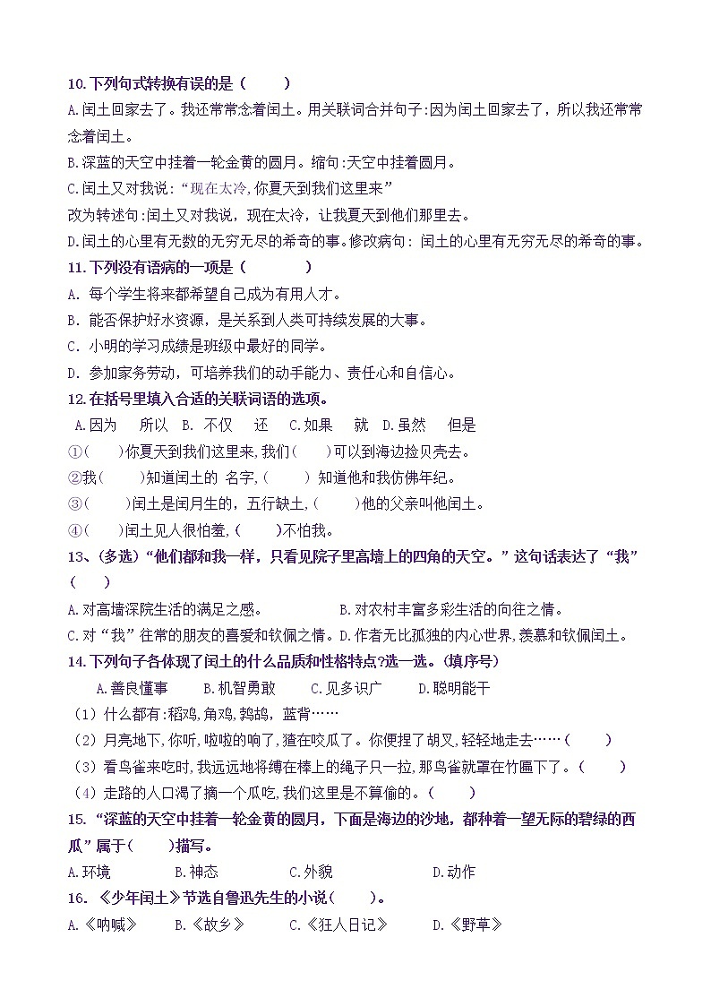 【新课标】六上语25《少年闰土》核心素养分层学习任务单（含答案） 试卷03
