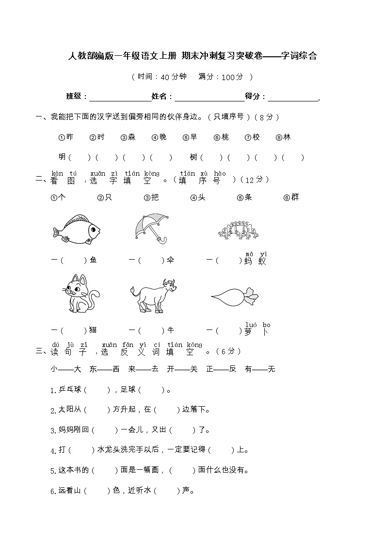 【期末冲刺复习】部编版语文一年级上册——字词综合（含答案）第1页