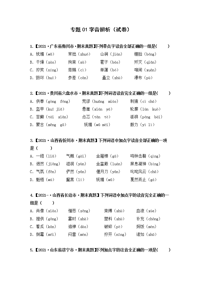 部编版语文六年级上册期末复习 专题01字音辨析（试卷+答案）01