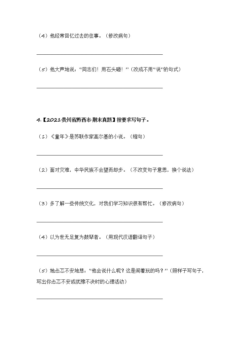部编版语文六年级上册期末复习 专题20 按要求写句子（试卷）第3页