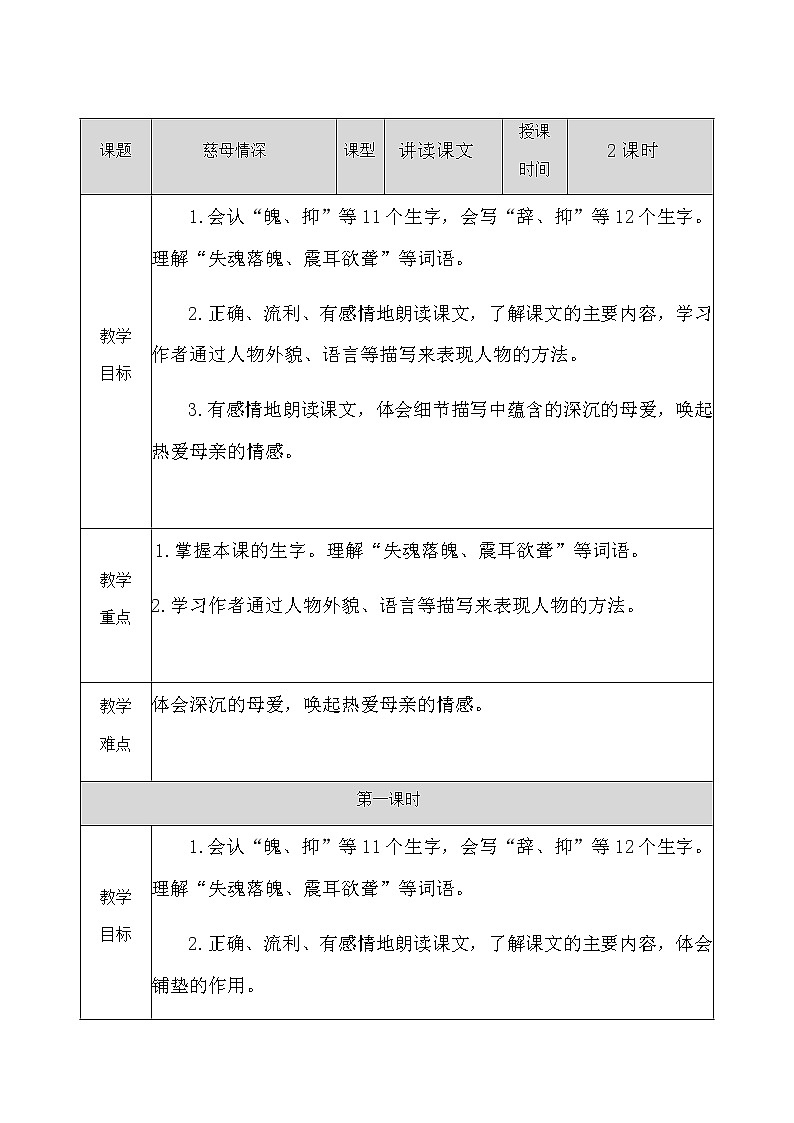 人教部编版语文五年级上册《慈母情深 》教学设计第1页