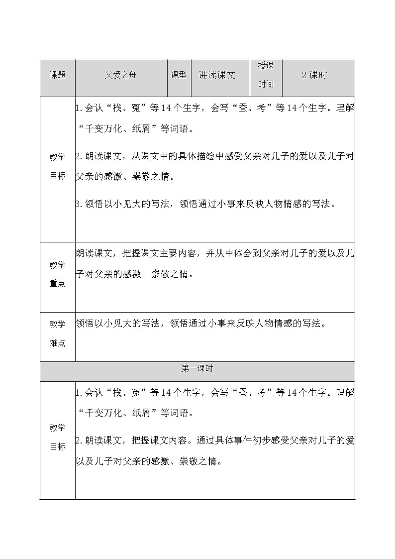 人教部编版语文五年级上册《父爱之舟 》教学设计01