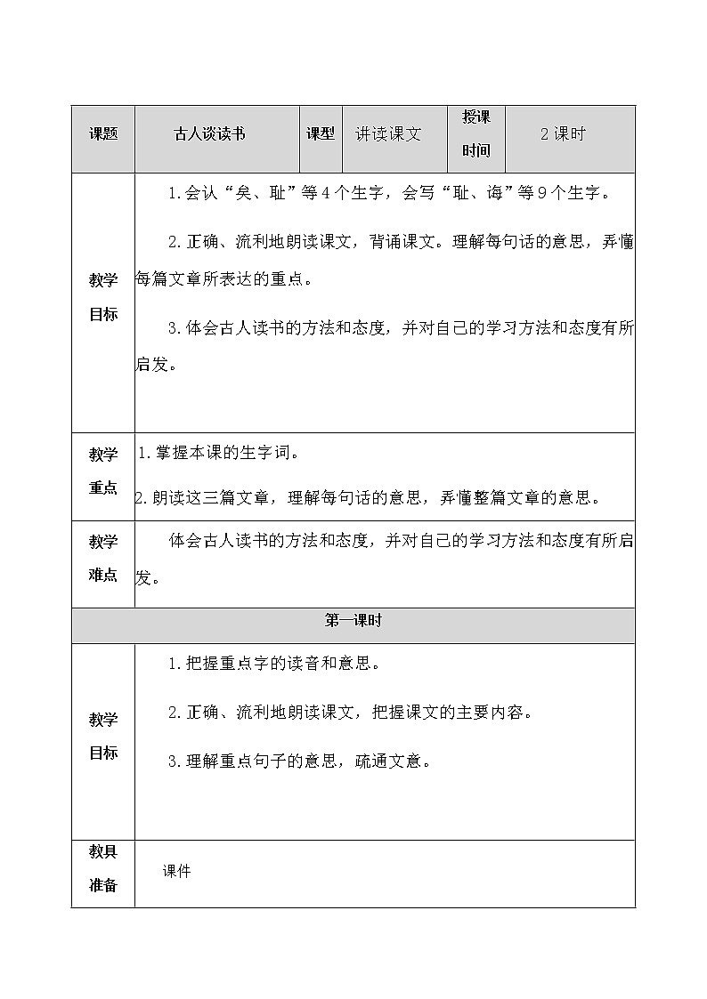 人教部编版语文五年级上册《古人谈读书 》教学设计01