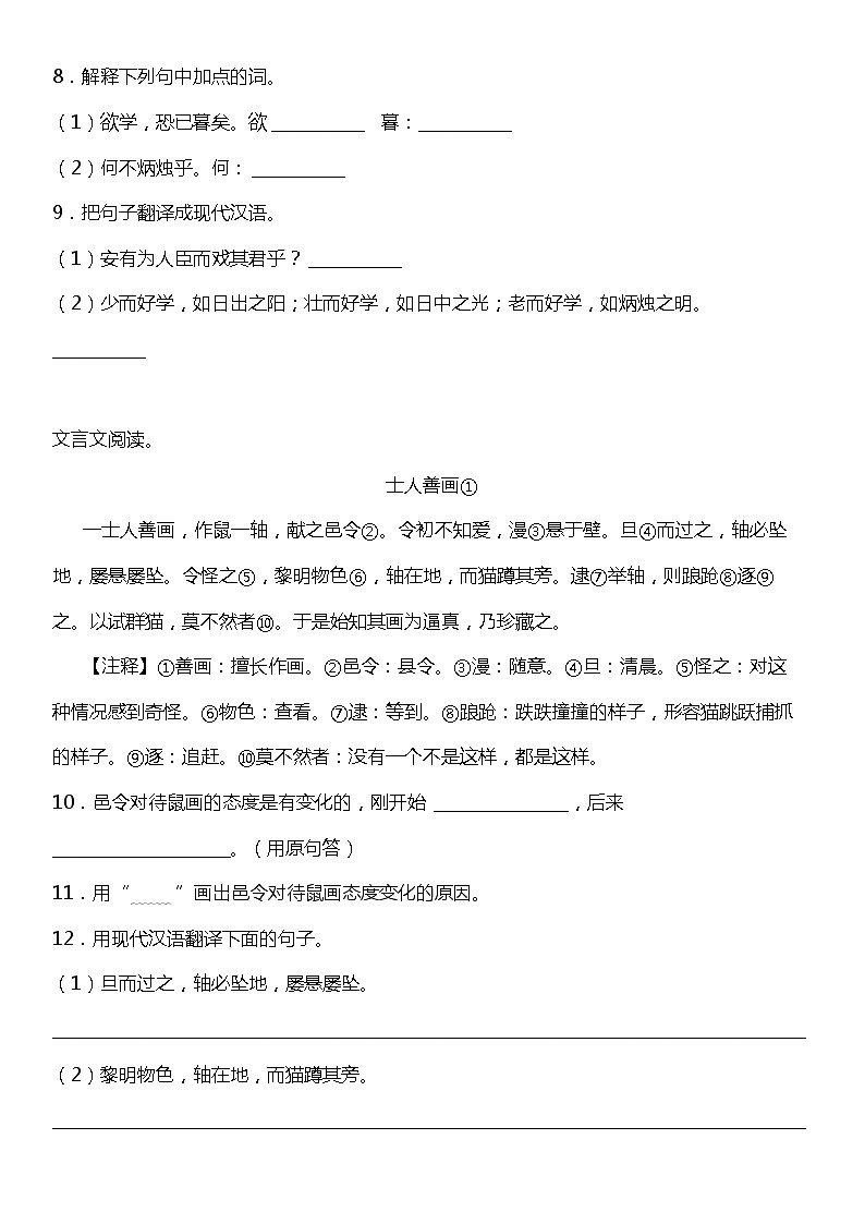 期末专项练习06  古文阅读理解（试题）小学语文六年级上册 统编版03