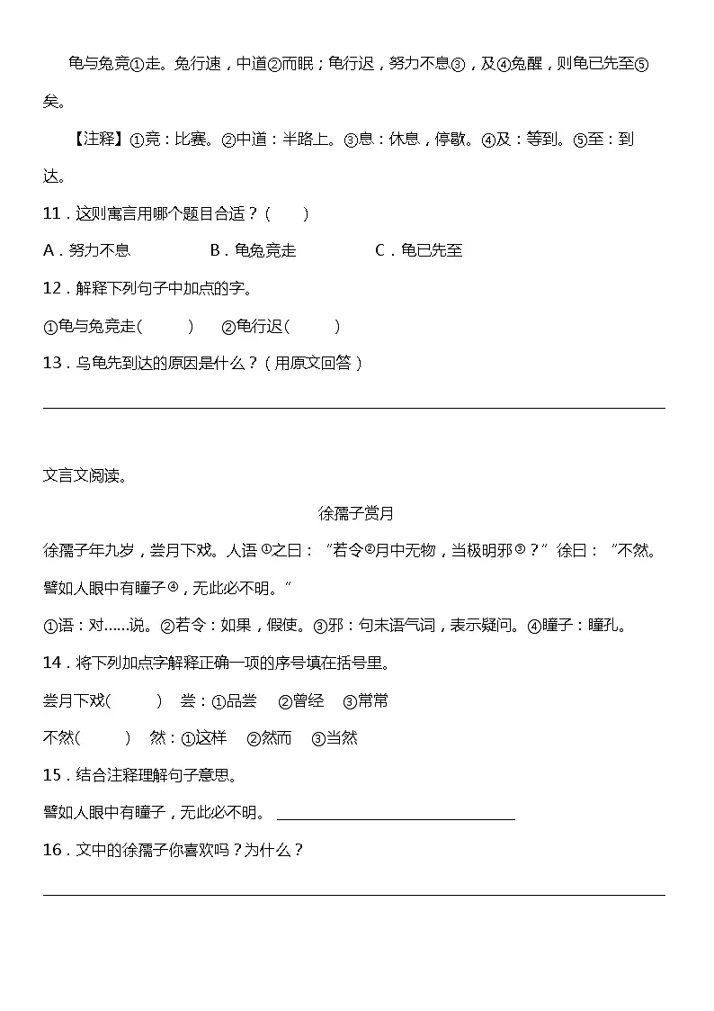 期末专项练习06 古文阅读理解（试题）小学语文四年级上册统编版-教习网|试卷下载