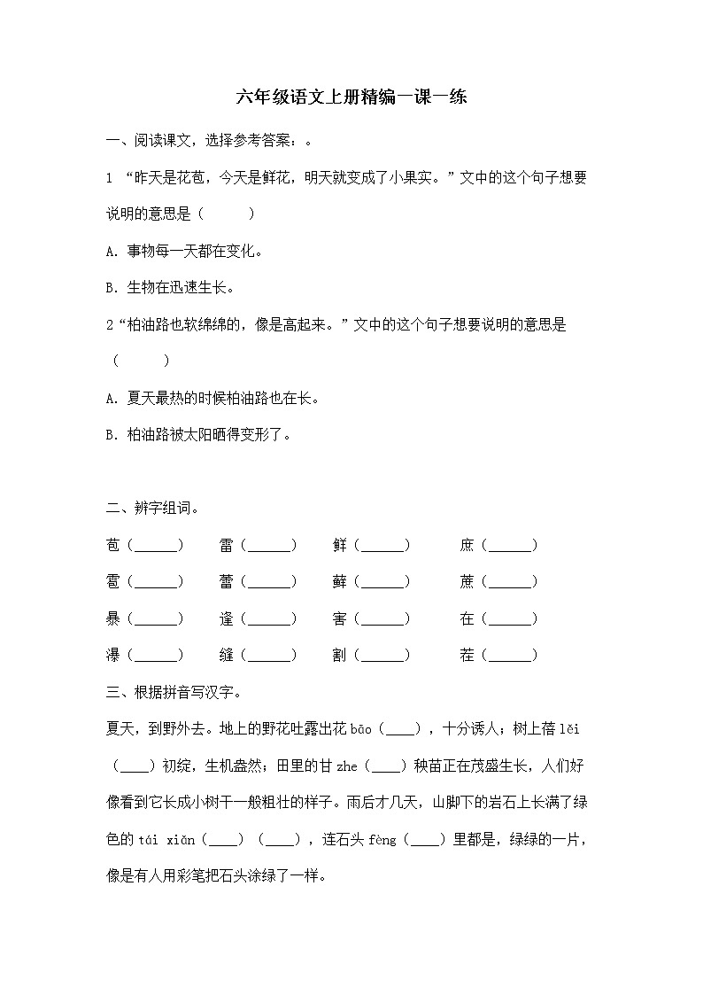 人教统编版六年级语文上试题 夏天里的成长含答案01