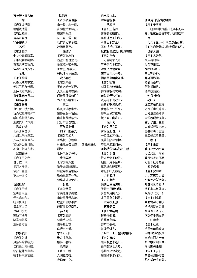 人教版部编本期末复习五、六年级《古诗+日积月累）收集（A4缩放打印） 试卷01