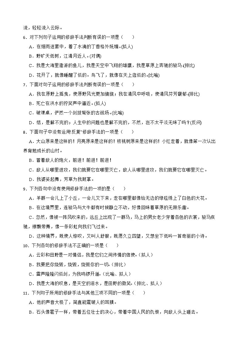 2022-2023学年六年级上册语文期中复习专题——修辞附解析02