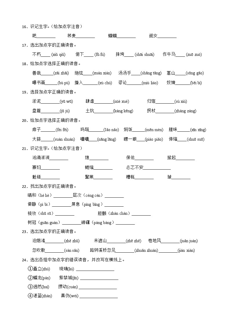 2022-2023学年六年级上册语文期中复习专题——字音附解析学生版第3页